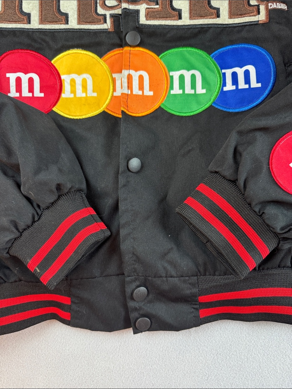 M&M's Black Racing Patch Bomber Jacket with Multicolor Patches - Picture 9 of 12